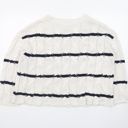 Zara Women Ivory Navy Striped Cable-Knit Cotton Jumper Size S