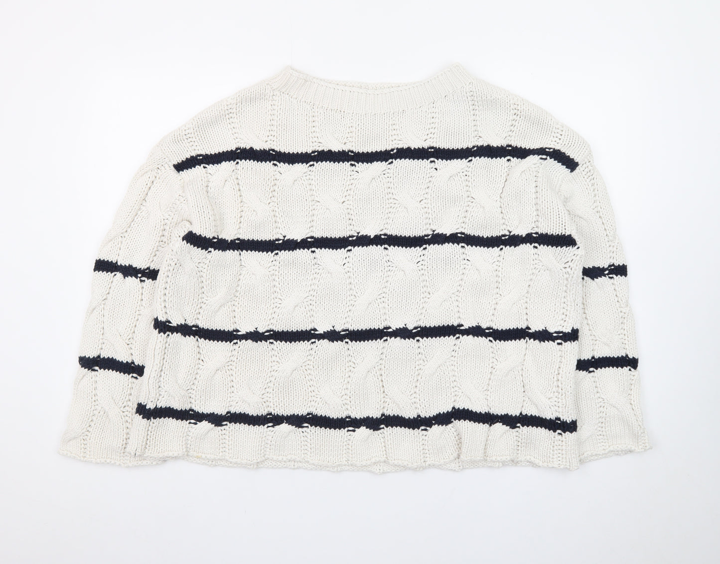 Zara Women Ivory Navy Striped Cable-Knit Cotton Jumper Size S