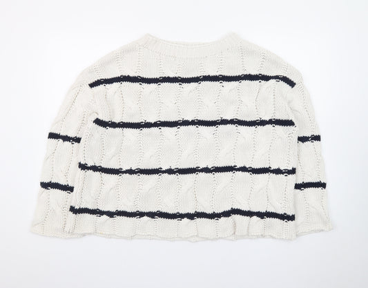 Zara Women Ivory Navy Striped Cable-Knit Cotton Jumper Size S