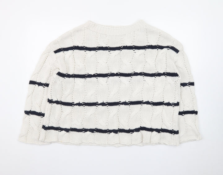 Zara Women Ivory Navy Striped Cable-Knit Cotton Jumper Size S