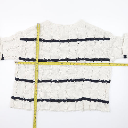 Zara Women Ivory Navy Striped Cable-Knit Cotton Jumper Size S