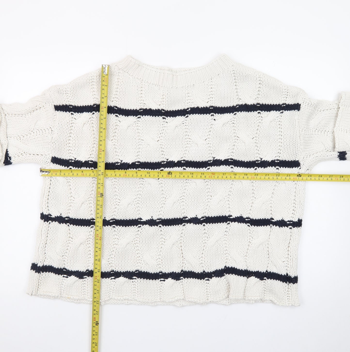Zara Women Ivory Navy Striped Cable-Knit Cotton Jumper Size S