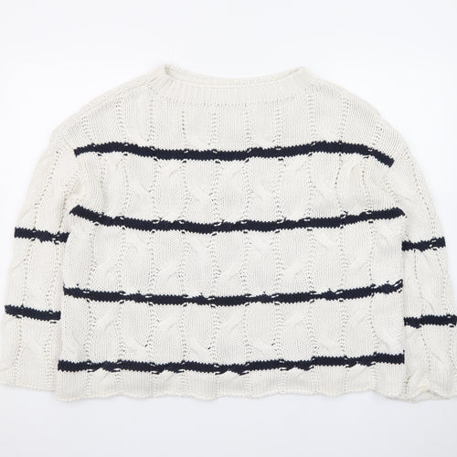 Zara Women Ivory Navy Striped Cable-Knit Cotton Jumper Size S