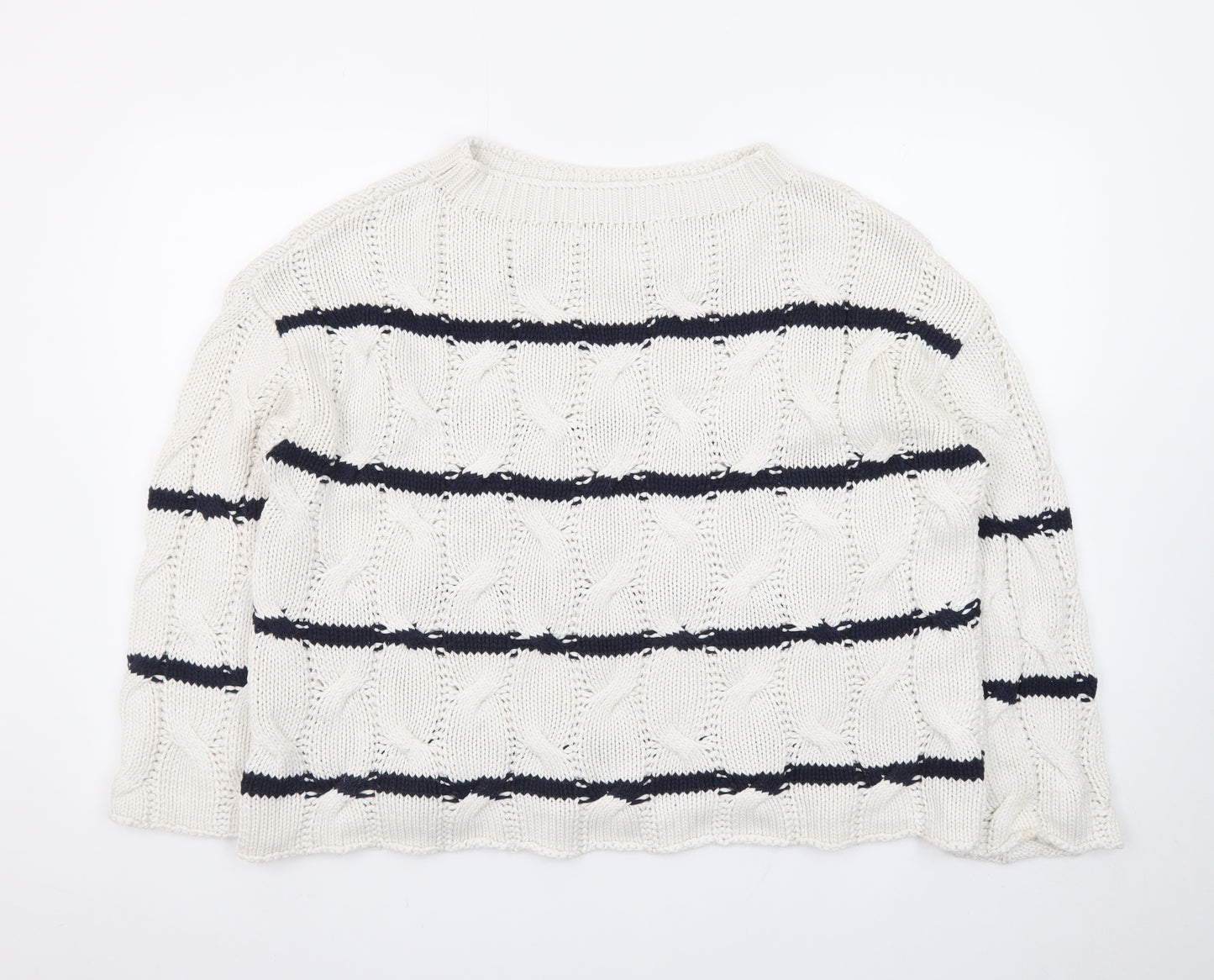 Zara Women Ivory Navy Striped Cable-Knit Cotton Jumper Size S