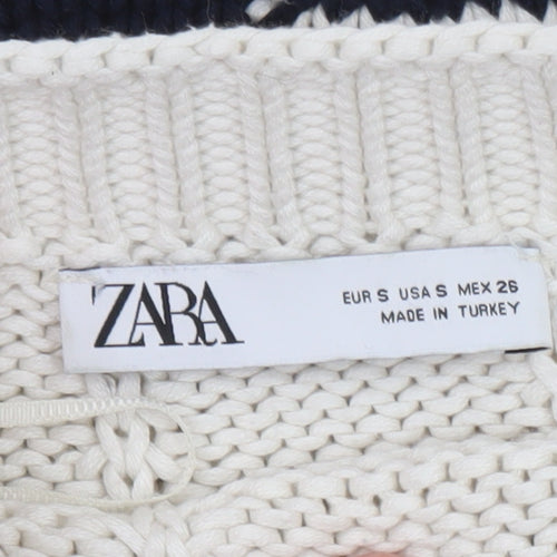 Zara Women Ivory Navy Striped Cable-Knit Cotton Jumper Size S
