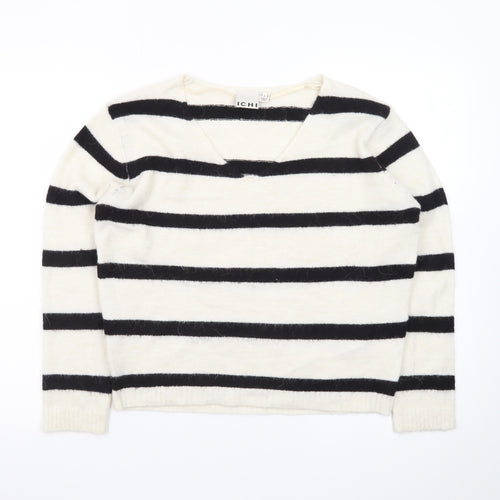 ICHI Women’s Black & White Striped V-Neck Knit Jumper Size S