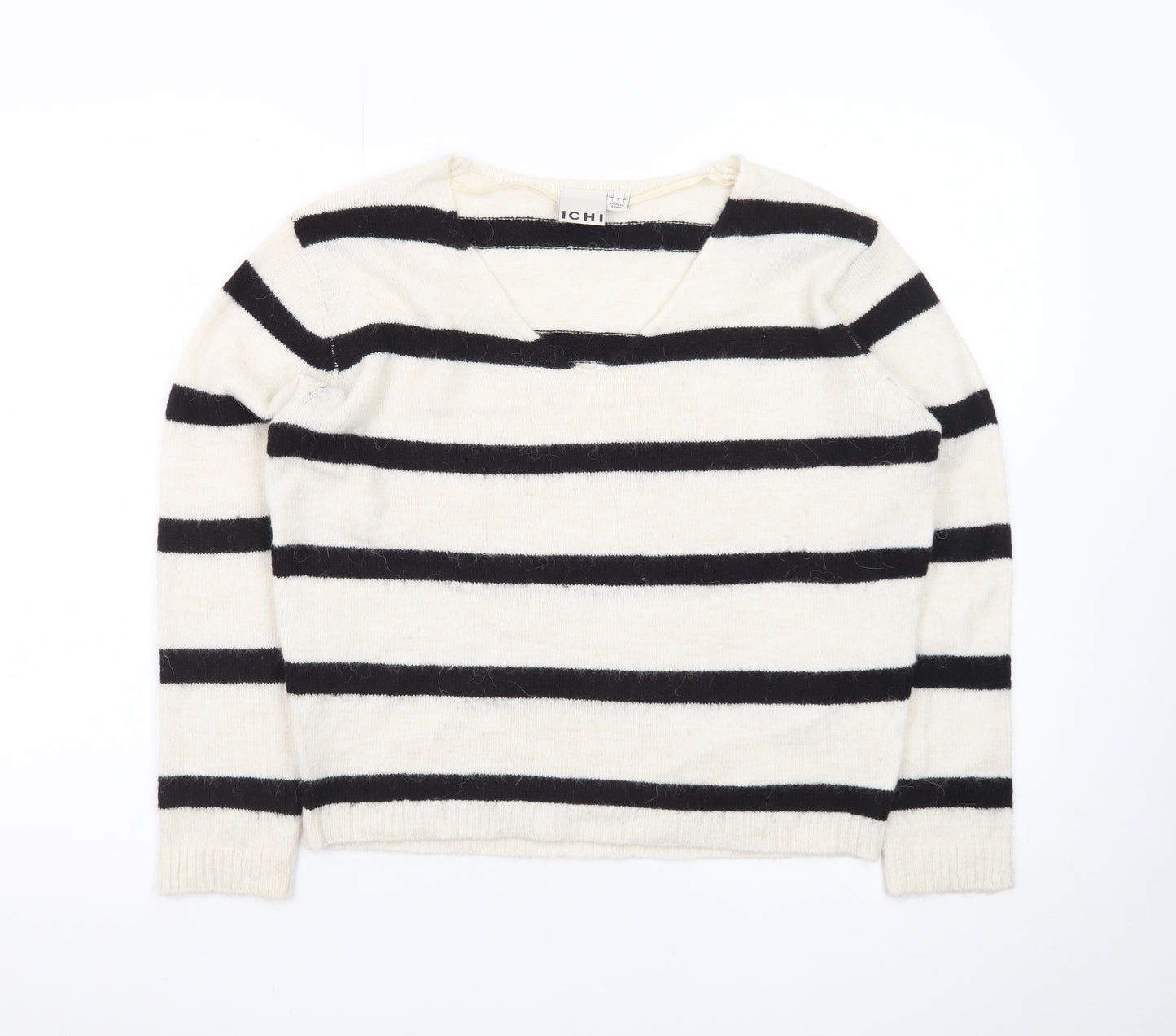ICHI Women’s Black & White Striped V-Neck Knit Jumper Size S