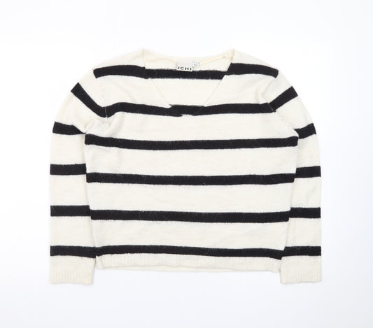 ICHI Women’s Black & White Striped V-Neck Knit Jumper Size S
