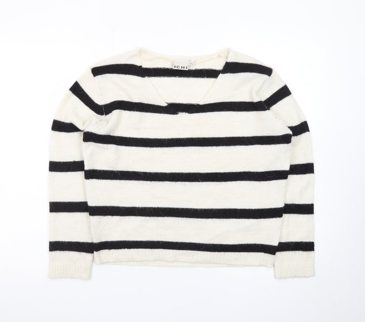 ICHI Women’s Black & White Striped V-Neck Knit Jumper Size S