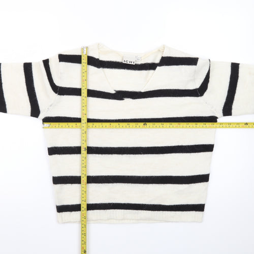 ICHI Women’s Black & White Striped V-Neck Knit Jumper Size S