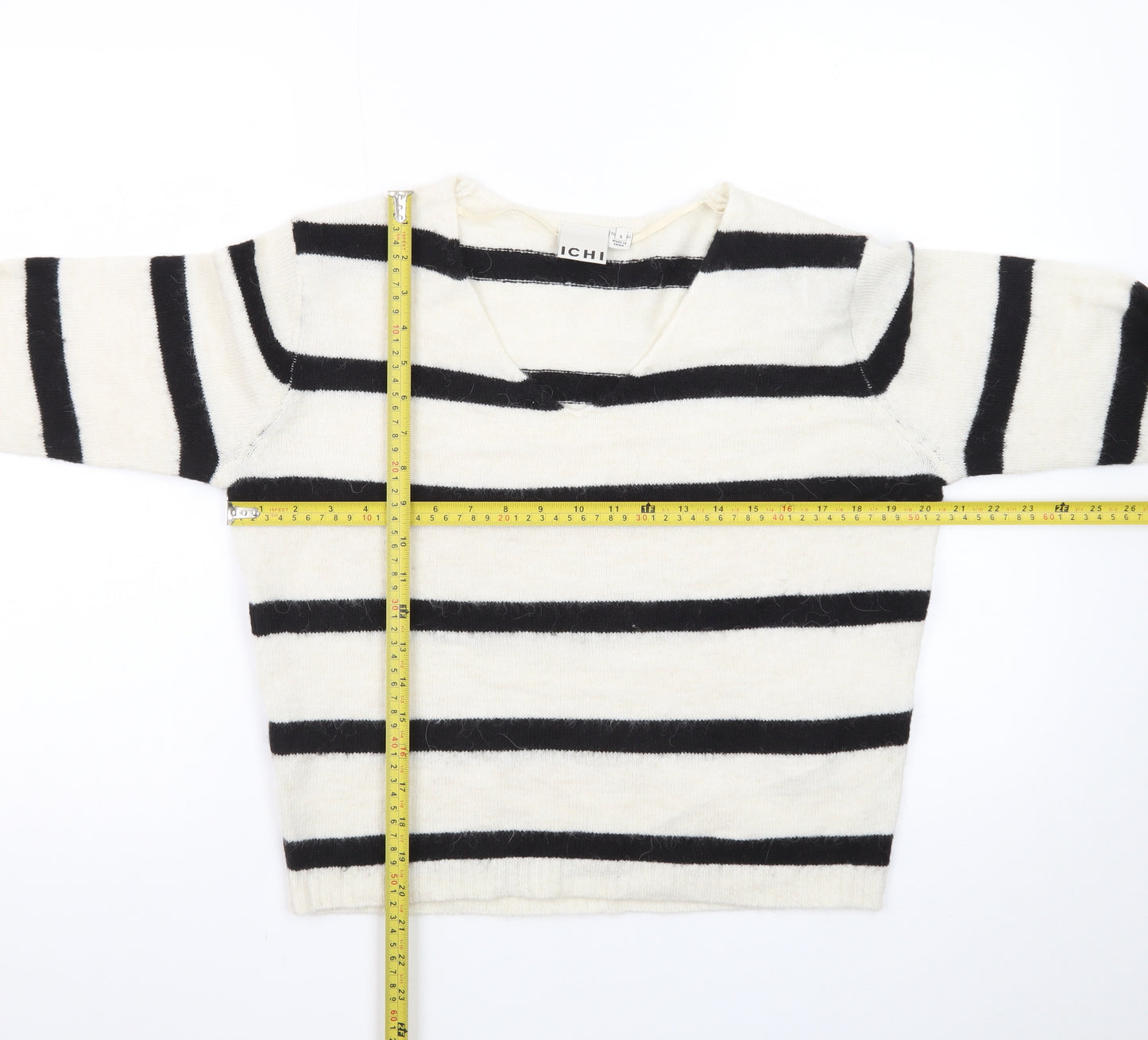 ICHI Women’s Black & White Striped V-Neck Knit Jumper Size S