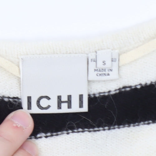 ICHI Women’s Black & White Striped V-Neck Knit Jumper Size S