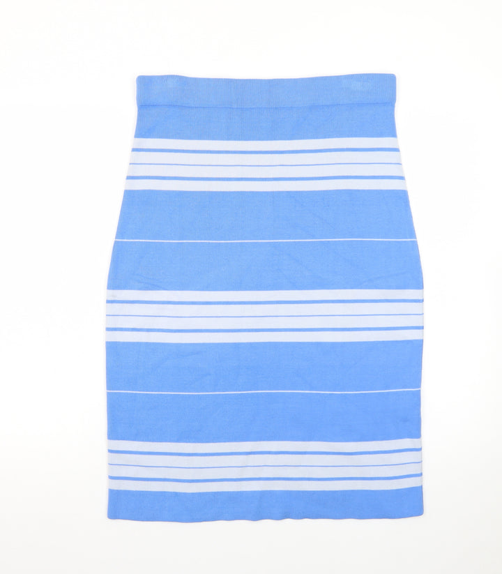 WoolOvers Women Blue Striped Knit Pencil Skirt M Stretch Cotton