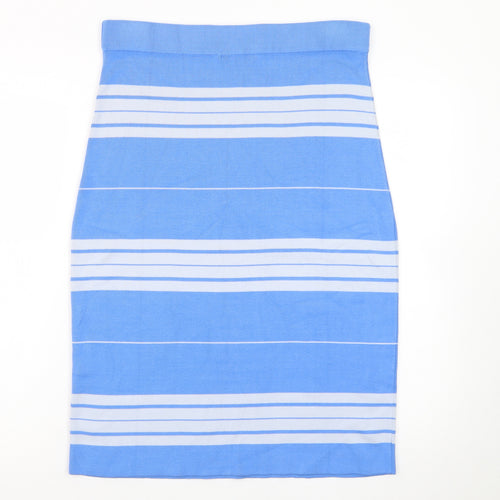 WoolOvers Women Blue Striped Knit Pencil Skirt M Stretch Cotton