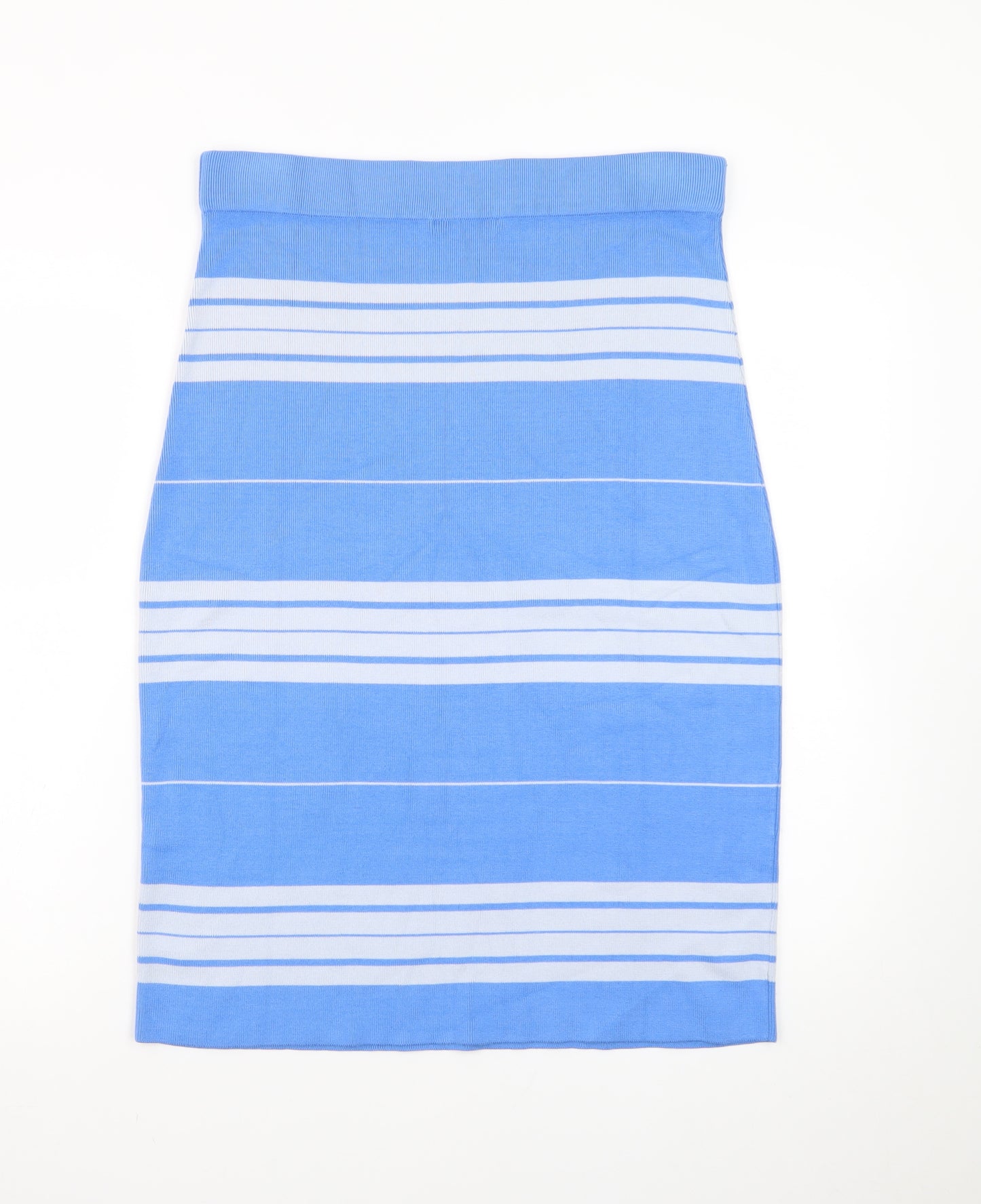 WoolOvers Women Blue Striped Knit Pencil Skirt M Stretch Cotton