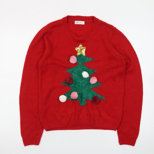 H&M Teens Red Christmas Tree Jumper Acrylic Knit Size 14Y+