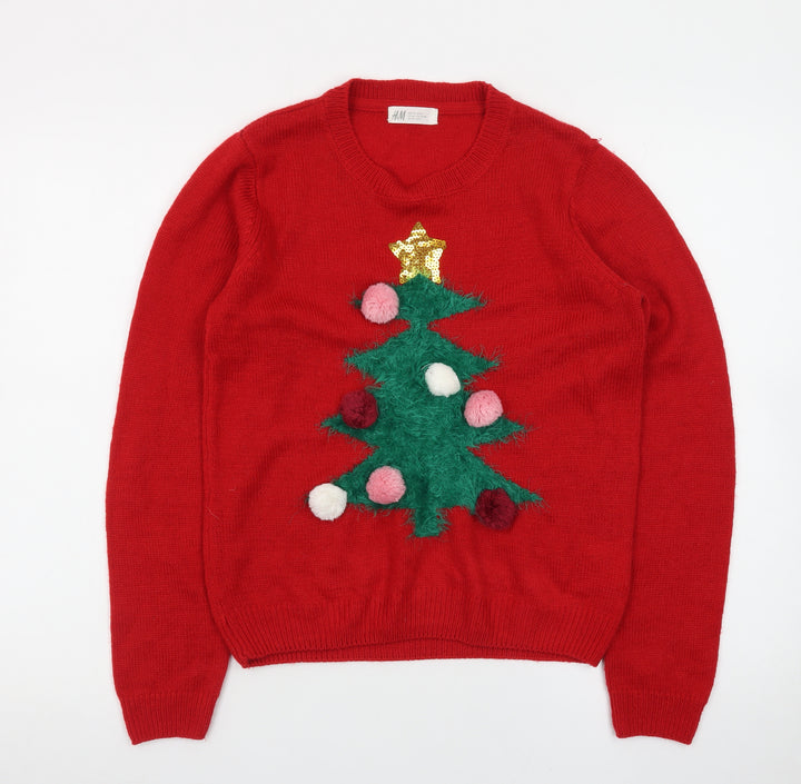 H&M Teens Red Christmas Tree Jumper Acrylic Knit Size 14Y+