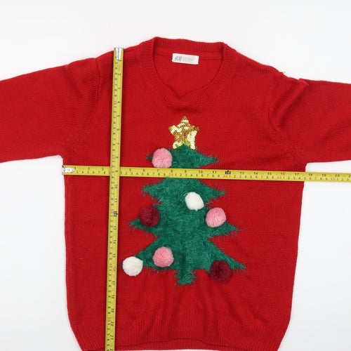 H&M Teens Red Christmas Tree Jumper Acrylic Knit Size 14Y+