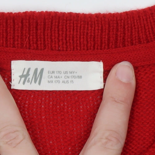 H&M Teens Red Christmas Tree Jumper Acrylic Knit Size 14Y+