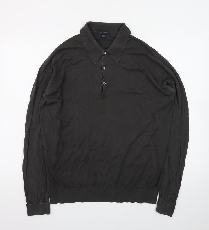 John Smedley Men’s Black Merino Wool Long Sleeve Polo L