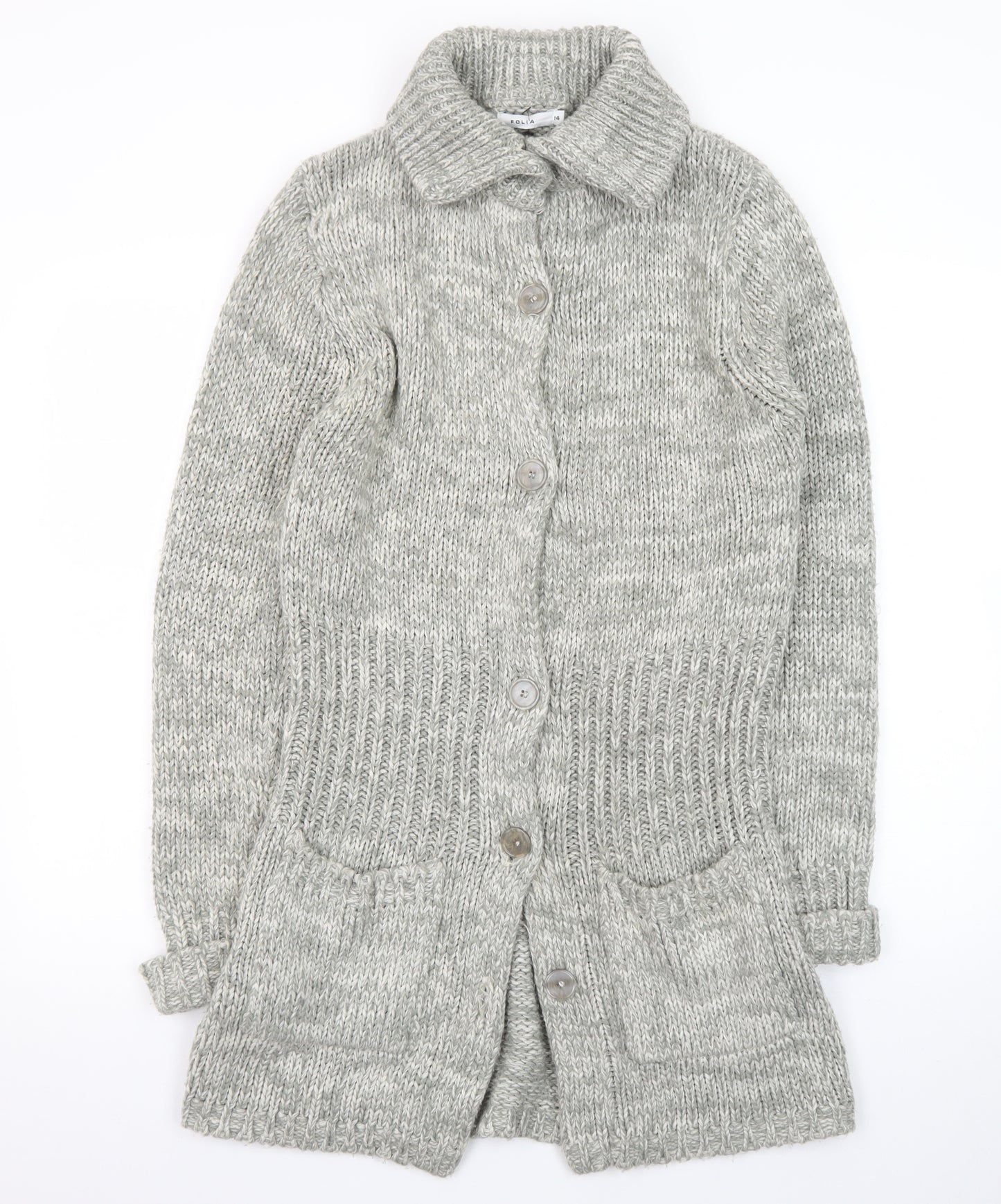 Folia Women Grey Long Sleeve Knit Cardigan Size 14 Collared Button Front