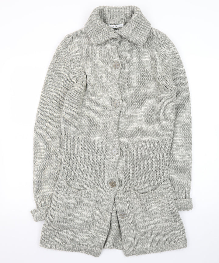 Folia Women Grey Long Sleeve Knit Cardigan Size 14 Collared Button Front