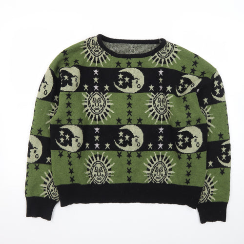 ROMWE Women Green Moon Sun Pattern Knit Jumper Size L