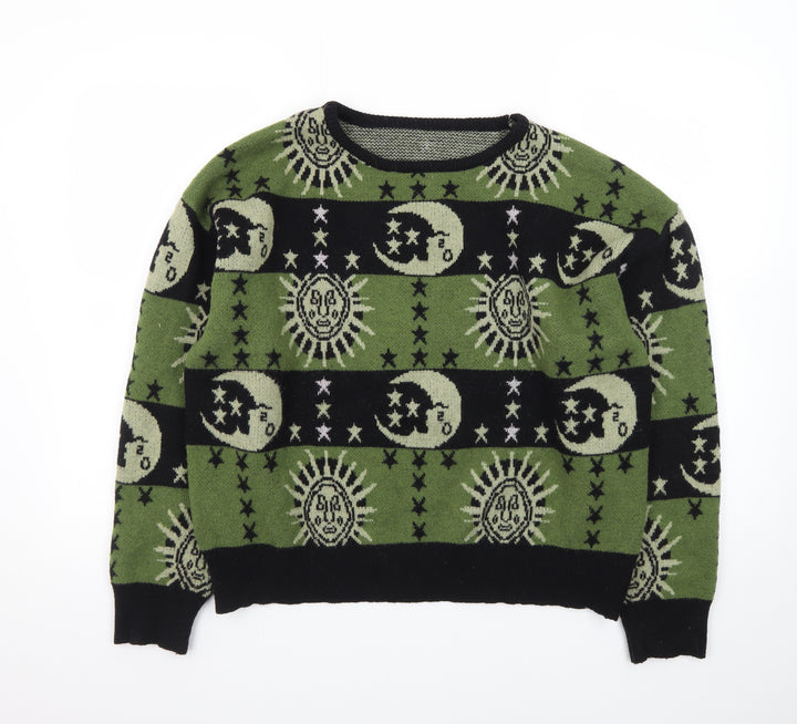 ROMWE Women Green Moon Sun Pattern Knit Jumper Size L
