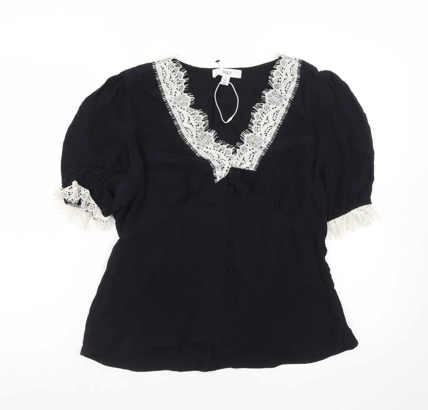 Marks and Spencer Women’s Black Lace Trim Puff Sleeve Blouse Size 12