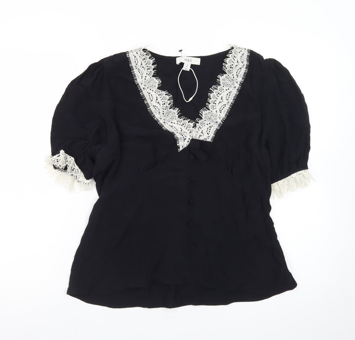 Marks and Spencer Women’s Black Lace Trim Puff Sleeve Blouse Size 12