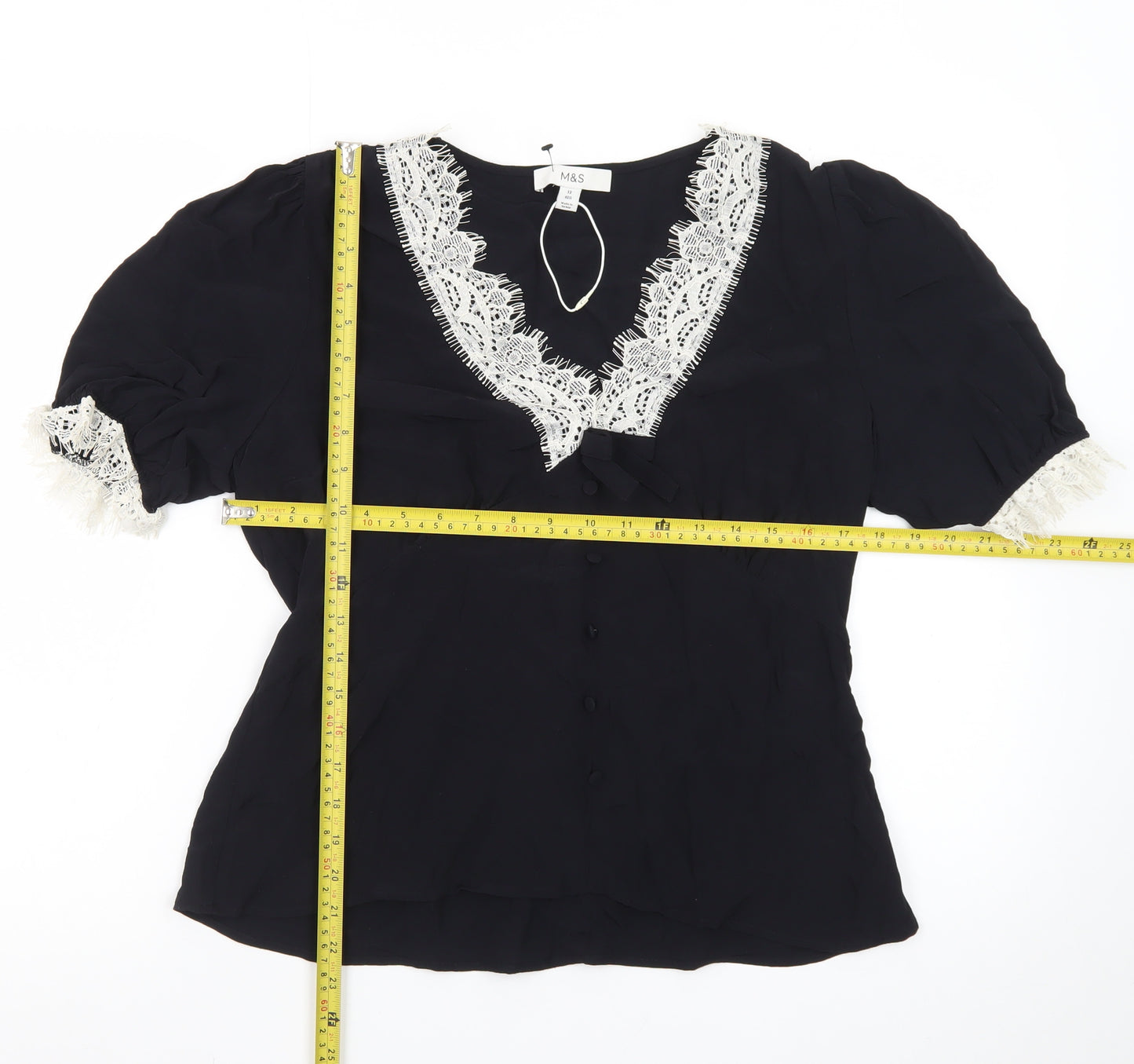 Marks and Spencer Women’s Black Lace Trim Puff Sleeve Blouse Size 12
