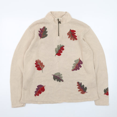 Tulchan Women Beige Cotton Leaf Embroidered 1/4 Zip Jumper L