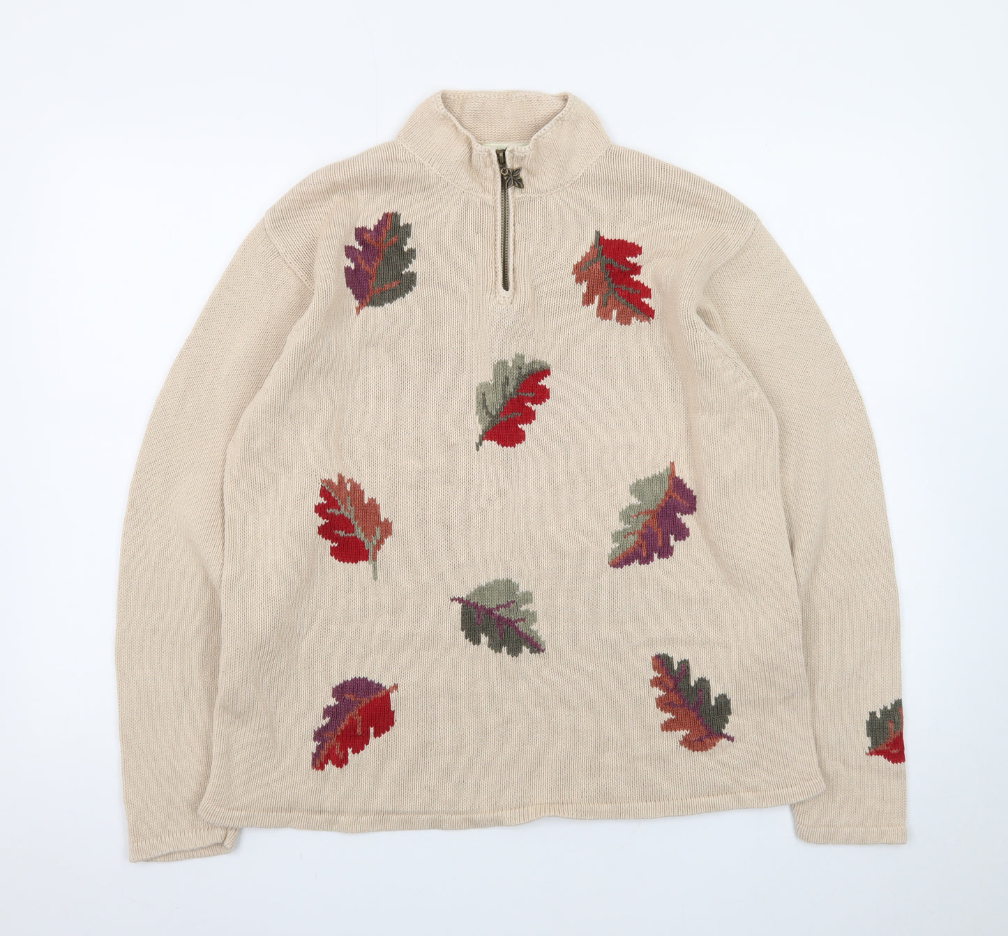 Tulchan Women Beige Cotton Leaf Embroidered 1/4 Zip Jumper L