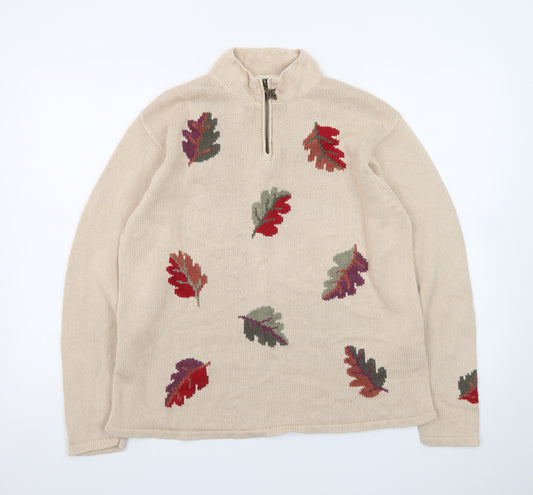 Tulchan Women Beige Cotton Leaf Embroidered 1/4 Zip Jumper L