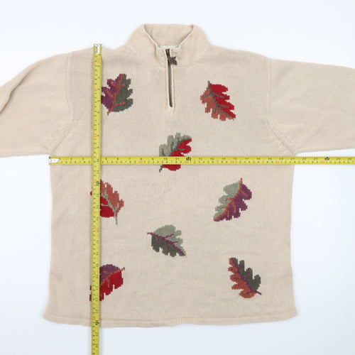 Tulchan Women Beige Cotton Leaf Embroidered 1/4 Zip Jumper L