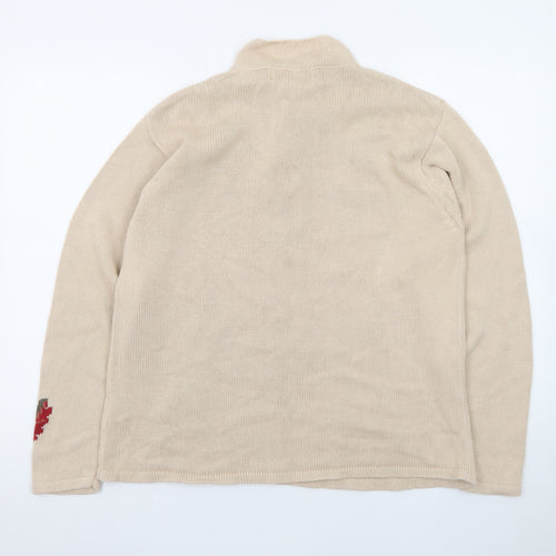 Tulchan Women Beige Cotton Leaf Embroidered 1/4 Zip Jumper L