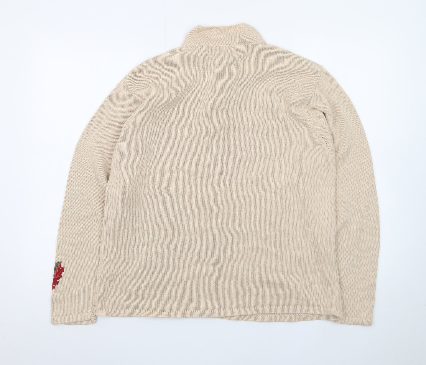 Tulchan Women Beige Cotton Leaf Embroidered 1/4 Zip Jumper L