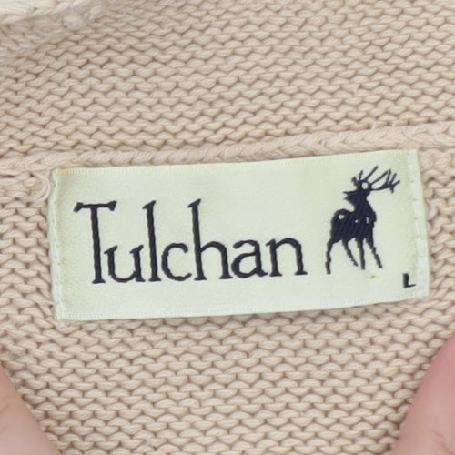 Tulchan Women Beige Cotton Leaf Embroidered 1/4 Zip Jumper L