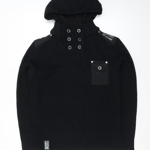 Twisted Soul Men's Black Hooded Ribbed Pullover Jumper L