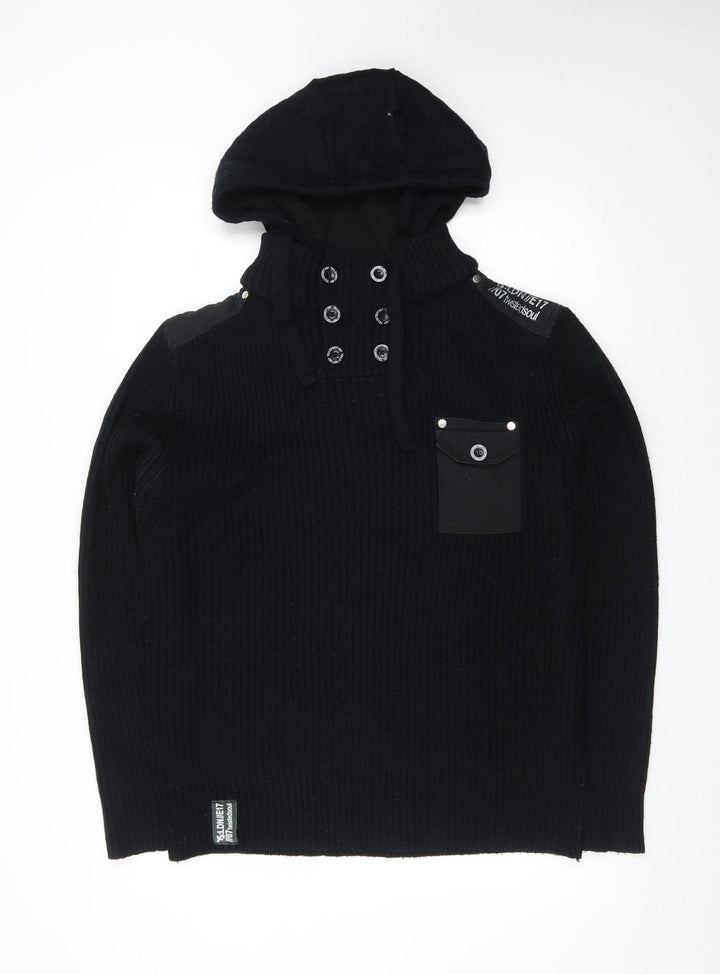 Twisted Soul Men's Black Hooded Ribbed Pullover Jumper L