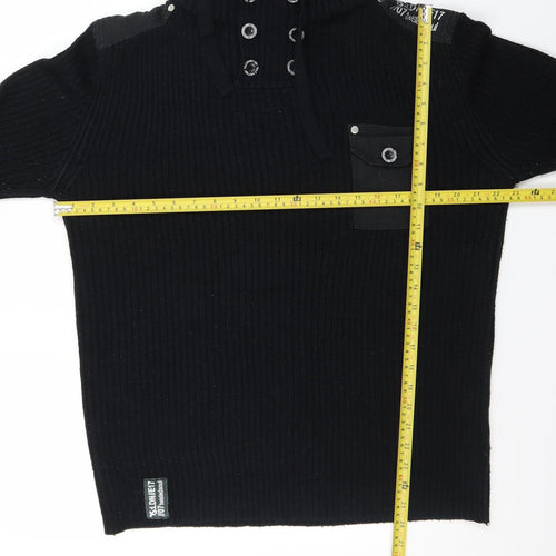 Twisted Soul Men's Black Hooded Ribbed Pullover Jumper L