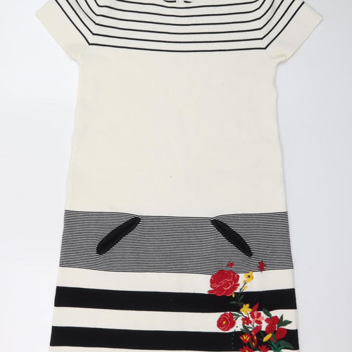 Desigual Women White Striped Shift Dress L Embroidered Floral
