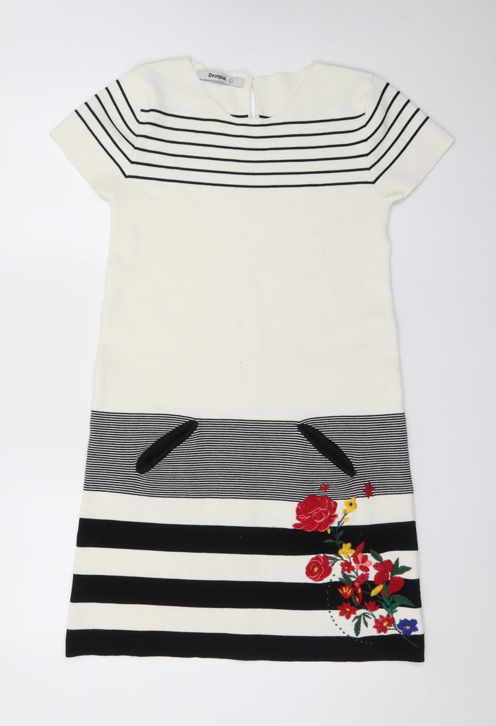Desigual Women White Striped Shift Dress L Embroidered Floral