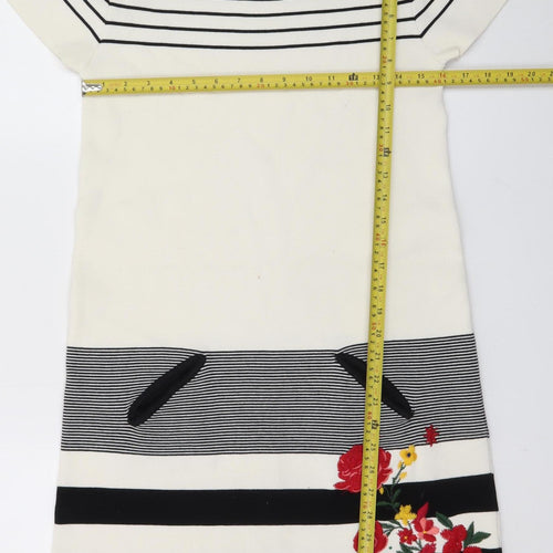 Desigual Women White Striped Shift Dress L Embroidered Floral