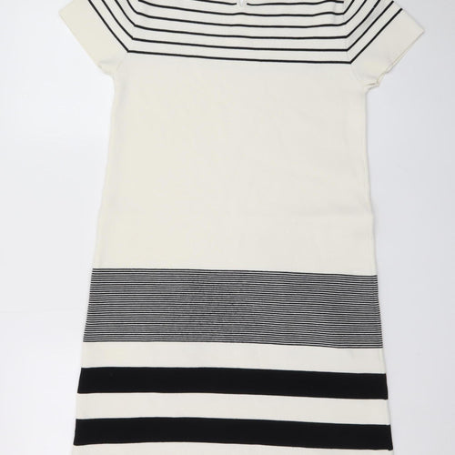 Desigual Women White Striped Shift Dress L Embroidered Floral