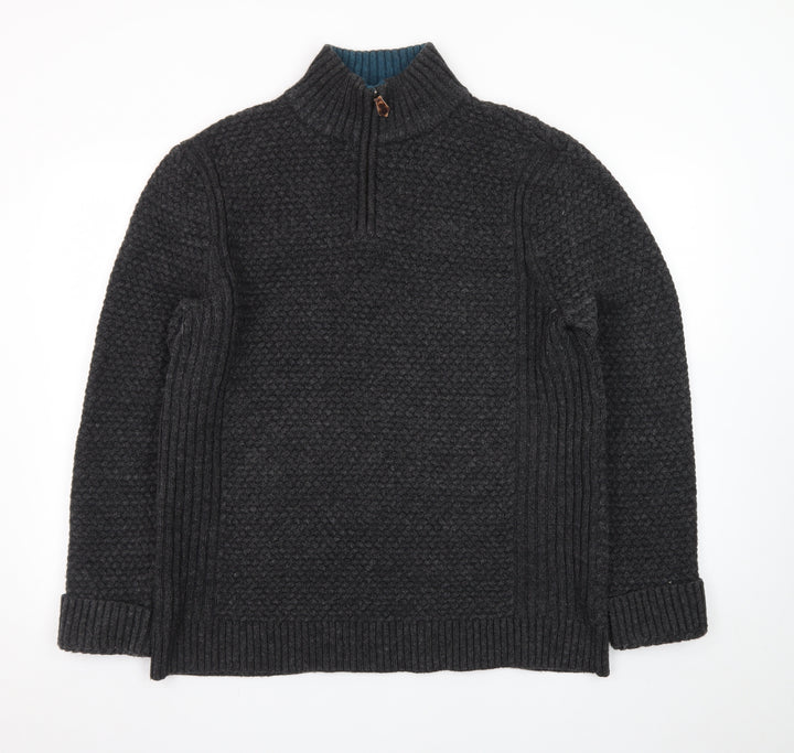 White Stuff Men's Grey XL Chunky Knit 1/2 Zip Wool Jumper