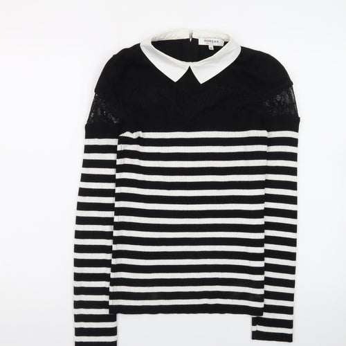 Morgan Women’s Black Striped Collared Lace Trim Long Sleeve Pullover Jumper M