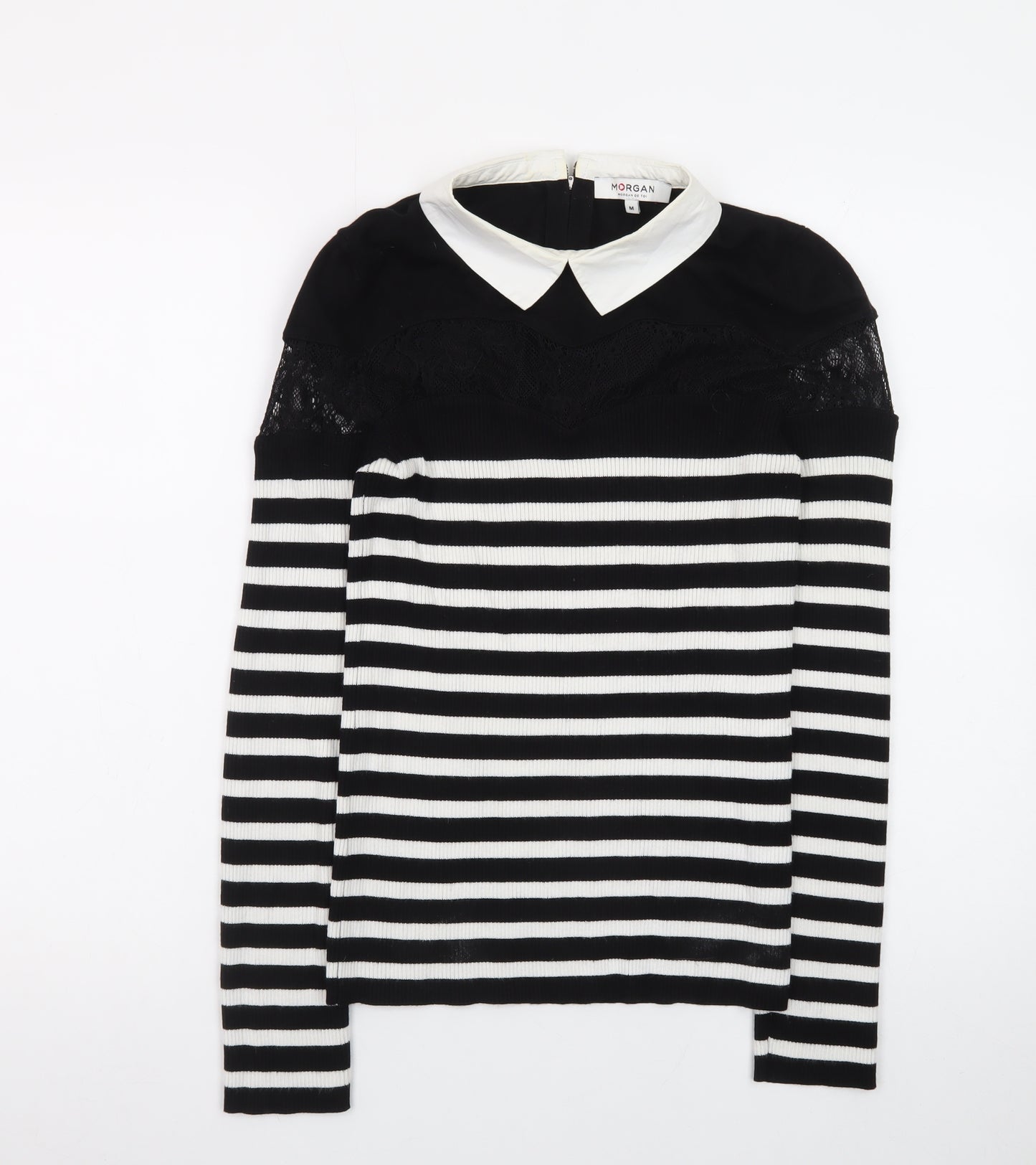 Morgan Women’s Black Striped Collared Lace Trim Long Sleeve Pullover Jumper M