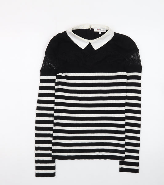 Morgan Women’s Black Striped Collared Lace Trim Long Sleeve Pullover Jumper M