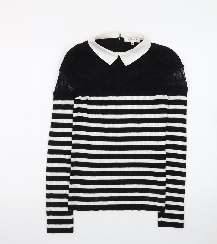 Morgan Women’s Black Striped Collared Lace Trim Long Sleeve Pullover Jumper M